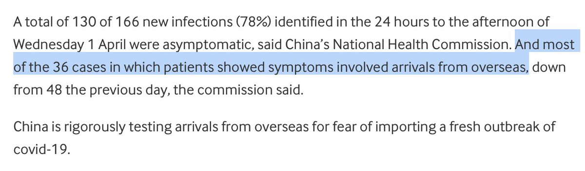 It's noted that in contrast passengers arriving in the country who tested positive were symptomatic. If that 80% were universal this would not be the case, you'd expect the same ratio. So we can be sure speed of testing in China is the key - catching before symptoms appear /3