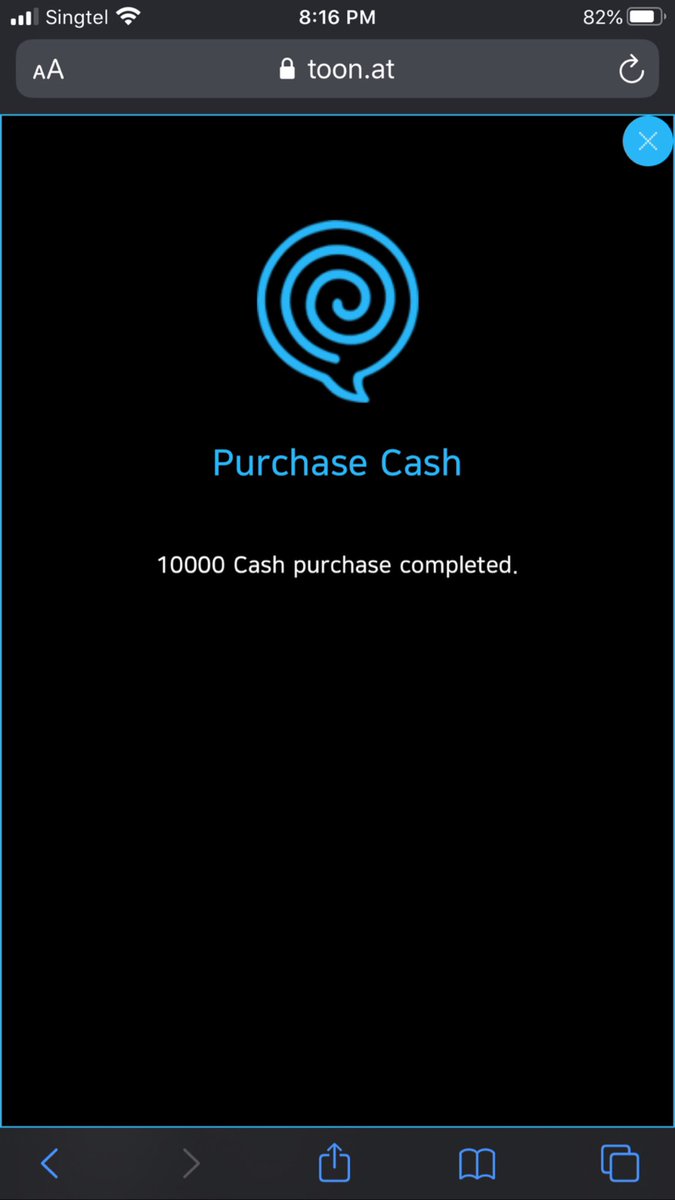  Next, you’ll reach the page of the selected payment method to pay. After payment, you will be directed to Toonation, to this page that says [ *amount* Cash purchase completed.]Press the X button highlighted in blue at the top right hand side to exit the page!