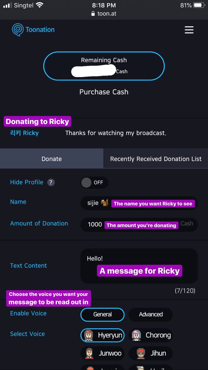 Start Donating!I am donating to Ricky so Ricky’s name is highlighted in blue.You can then fix your name, insert the amount you’re donating and also add a message for him! You can also choose the voice you want your message to be read in!Refer to image below 