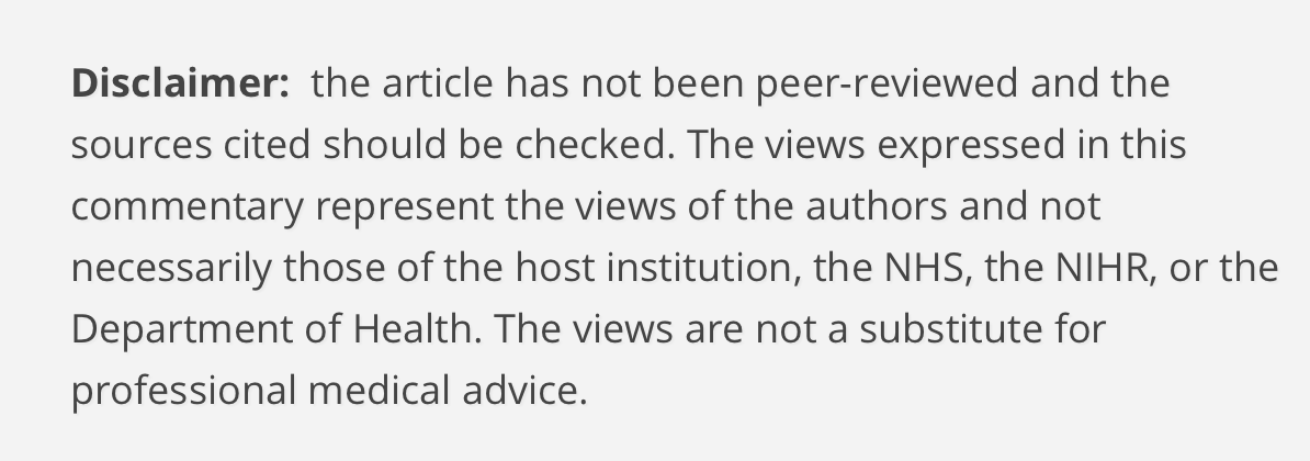 The article draws heavily on a so called 'evidence based medicine' piece, however it fails to reproduce the 'not peer reviewed, personal opinion' disclaimer that piece carries. I'll note in passing my comment pointing out the obvious is still unpublished by the authors. /4