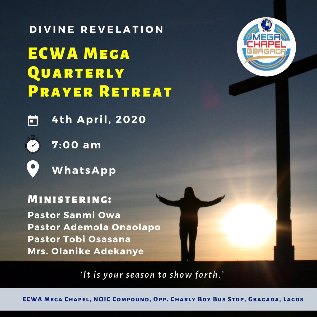 EcwaMegaGbagada's tweet photo. In a time like this, you need an anchor.

Join our Quarterly Prayer Retreat this Saturday via the link below.

https://t.co/KunzXlrG71 

Remember, no Barriers in the Realm of the Spirit.

#COVID19Pandemic 
#Prayer 
#PrayersForCoronaFreeWorld 
#ECWAchurch
#PrayerRetreat https://t.co/BL7BQqbgqJ