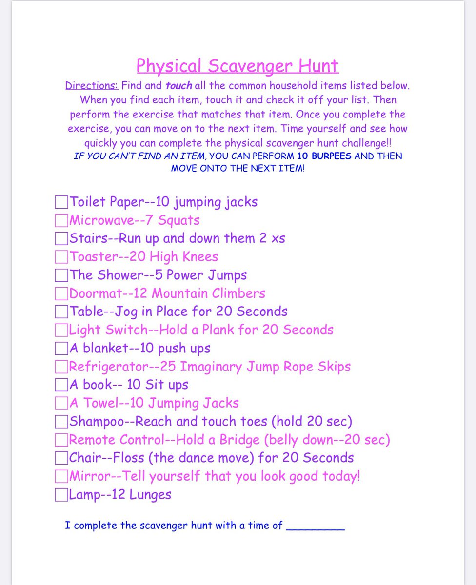 ms_d_pe's tweet photo. Fun indoor scavenger hunt for students with exercises! @ps36dragons #team36 #athomePE  #PHYSED #nycpe #physedgeeks #elementaryPE #PE #physicaleducation #scavangerhunt https://t.co/iIJizlXHGZ
