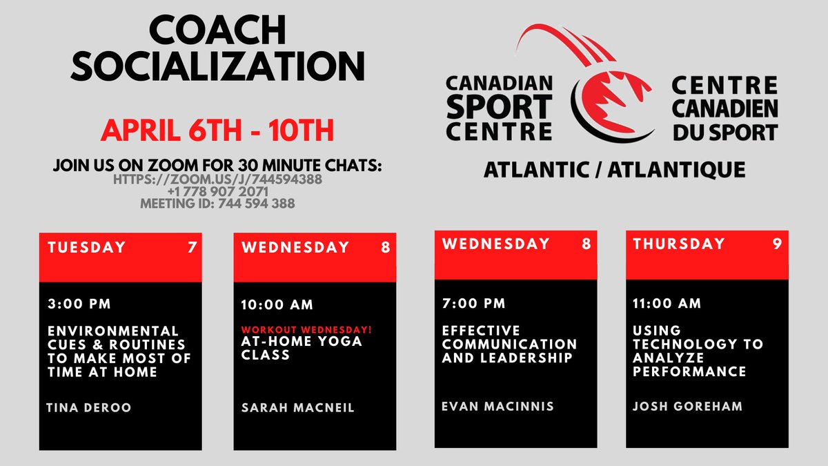 CSIAtlantic's tweet photo. Hey Coaches! 

Check out next week's schedule for Coach Socialization👇

April 6-10th, 2020

Come be social with us from the comfort of your home! 😊 https://t.co/R0XoHOrABZ