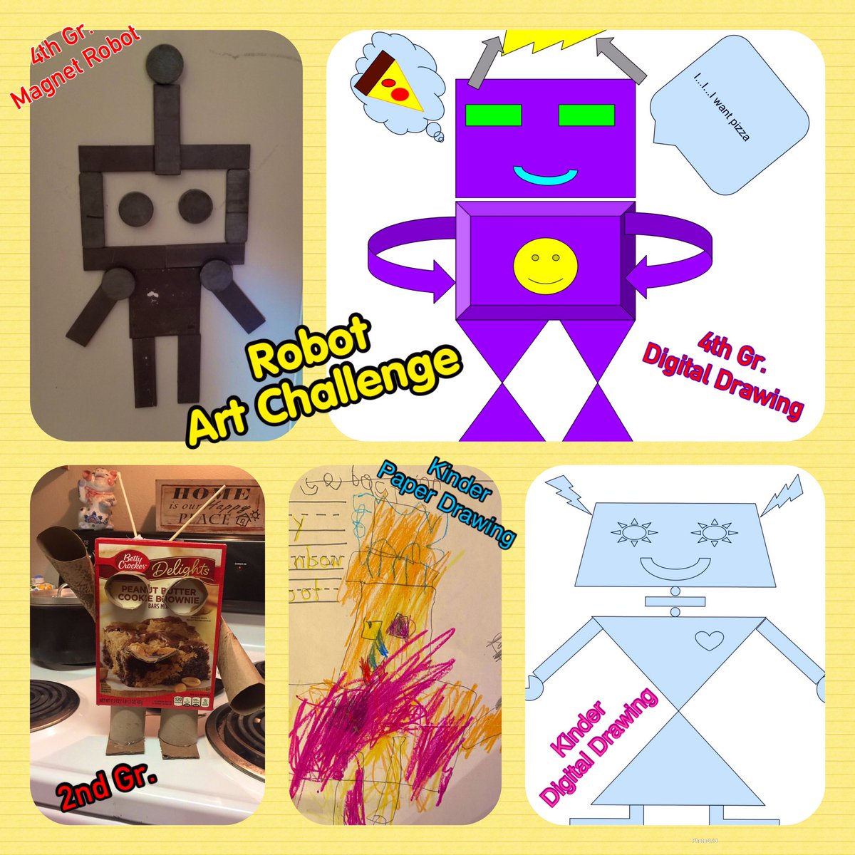 SEBcoach12's tweet photo. Incredible Art from K-5th Glenn artists! Week 2 Art challenge: Make a shape robot. Some built or assembled found objects others drew on paper or digitally. @NISDGlenn @NISD_FineArts @michelleRfine Super proud of our students! #artdistanceLearning #ArtTeacher #robot @TeriYasger https://t.co/o3cP341ySE