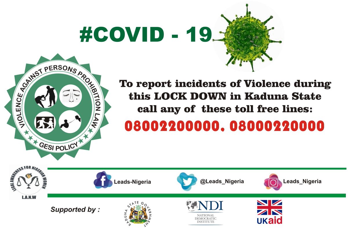 #COVID19Pandemic
#COVID19Nigeria 
#StayHomeSaveLives 
To report incidents of Violence call any of the numbers on the flyer <a href="/NCDCgov/">NCDC</a>
<a href="/KDHSSD/">Human Services & Social Development Kaduna</a>  <a href="/GovKaduna/">Governor of Kaduna</a> <a href="/Fmohnigeria/">Federal Ministry of Health, NIGERIA</a> <a href="/KADHSMA/">Kaduna State Health Supplies Management Agency</a> <a href="/SalamaSarc/">Salama S.A.R.C Kaduna</a> <a href="/SakoRebecca/">Rebecca Sako-John</a> <a href="/UNICEF_Nigeria/">UNICEF Nigeria</a>   <a href="/KDPEACECOM/">Kaduna State Peace Commission</a> <a href="/FIDANigeria/">FIDA Nigeria</a> <a href="/NDI/">National Democratic Institute</a> <a href="/CAID_Nigeria/">Christian Aid in Nigeria</a> <a href="/macfound/">MacArthur Foundation</a> <a href="/gat_org/">GenderAwarenessTrust</a>