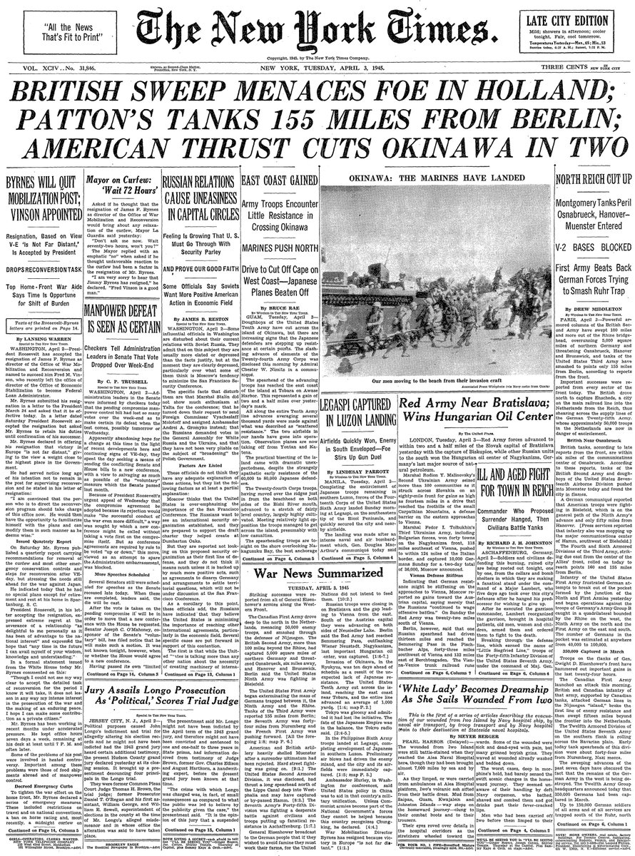 April 3, 1945: British Sweep Menaces Foe in Holland; Patton's Tanks 155 Miles From Berlin; American Thrust Cuts Okinawa in Two  https://nyti.ms/39J1pmq 