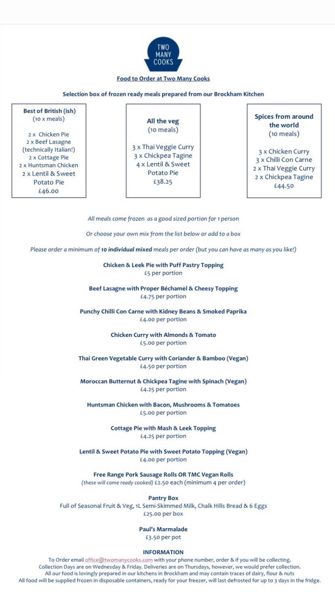 We’re doing frozen ready meals and pantry boxes! Email office@twomanycooks.com to order #stayhome #staysafe