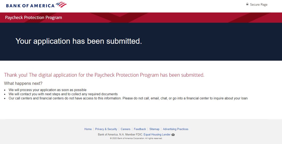 Thank you  @BankofAmerica for being one of (THE?) first banks to be on top of this PPP loan stuff.The application was insanely easy, quick, and even pre-populated a lot of my information since I was signed in. Amazing! Fingers crossed.