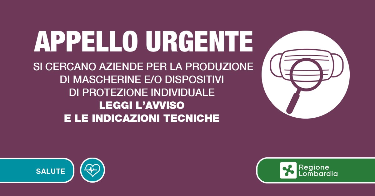 RegLombardia's tweet photo. #Coronavirus
Per reperire mascherine e dispositivi di protezione individuale, Regione Lombardia ha lanciato anche un appello. Se la tua azienda può produrre dispositivi come mascherine e camici partecipa anche tu! Verifica i requisiti tecnici richiesti.
https://t.co/qtVHHmHFXl https://t.co/ebzrZs0wfv