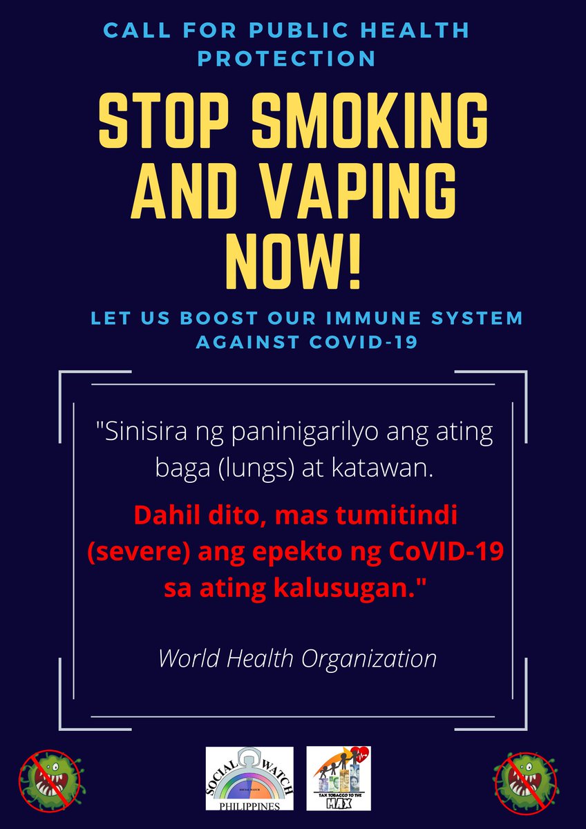 TaxTobaccoMax's tweet photo. Dahil baga ang pangunahing apektado, mas malala ang epekto ng #COVID19PH #Covid_19 sa mga naninigarilyo at gumagamit ng vape/e-cigarettes. Stop smoking and vaping now!

#Covid_19 #WeHealAsOne https://t.co/gS72bScQ1u