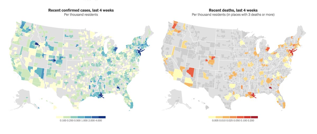 Finally, maps. These maps focus on recent cases and deaths, so they provide a snapshot of severity right now. New York, New Orleans, and Albany, Ga., pop, but so do some ski towns in the West with lot of cases per capita. That could mean a strain on health care resources.