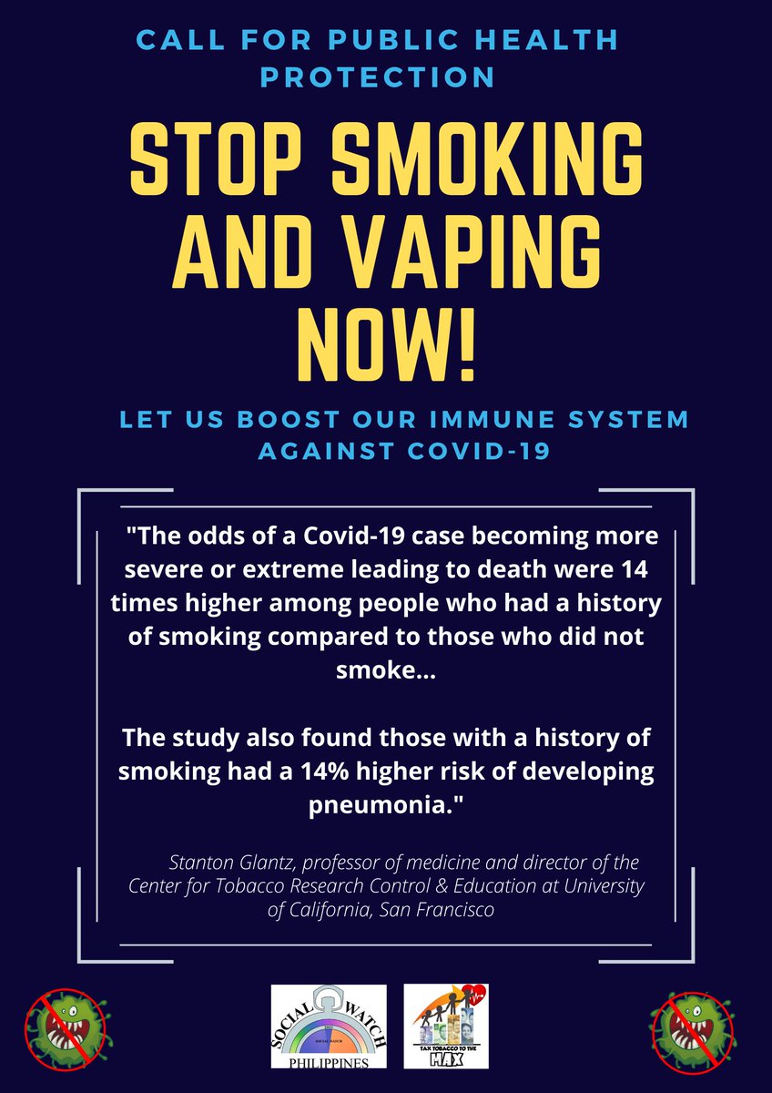 TaxTobaccoMax's tweet photo. Dahil baga ang pangunahing apektado, mas malala ang epekto ng #COVID19PH #Covid_19 sa mga naninigarilyo at gumagamit ng vape/e-cigarettes. Stop smoking and vaping now!

#Covid_19 #WeHealAsOne https://t.co/gS72bScQ1u