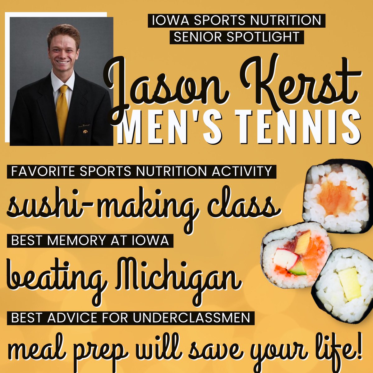 HawkeyeFuel's tweet photo. Our first Senior Spotlight 🌟 goes out to @jason_kerst of @IowaMensTennis 🎾. Jason is positive, outgoing, and a great role model for younger Hawkeyes 🏆. Thanks for making our jobs so much fun! #hawkfuel #hawkfocus #hawkperform https://t.co/Zn0kIU3wSo