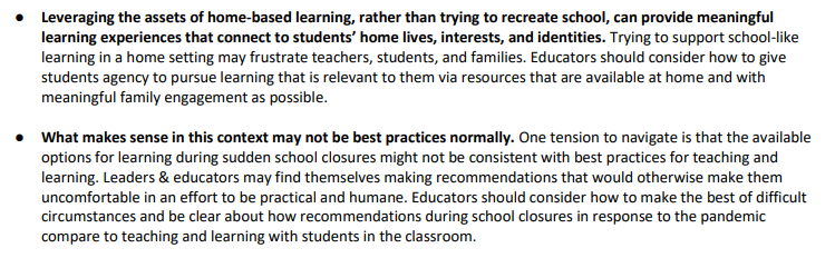 There are equity and efficacy arguments behind these two positions. New Mexico, for instance, argued that homes aren't equipped to do "school" well, so schools and families should create learning experiences that homes would be good at. 9/