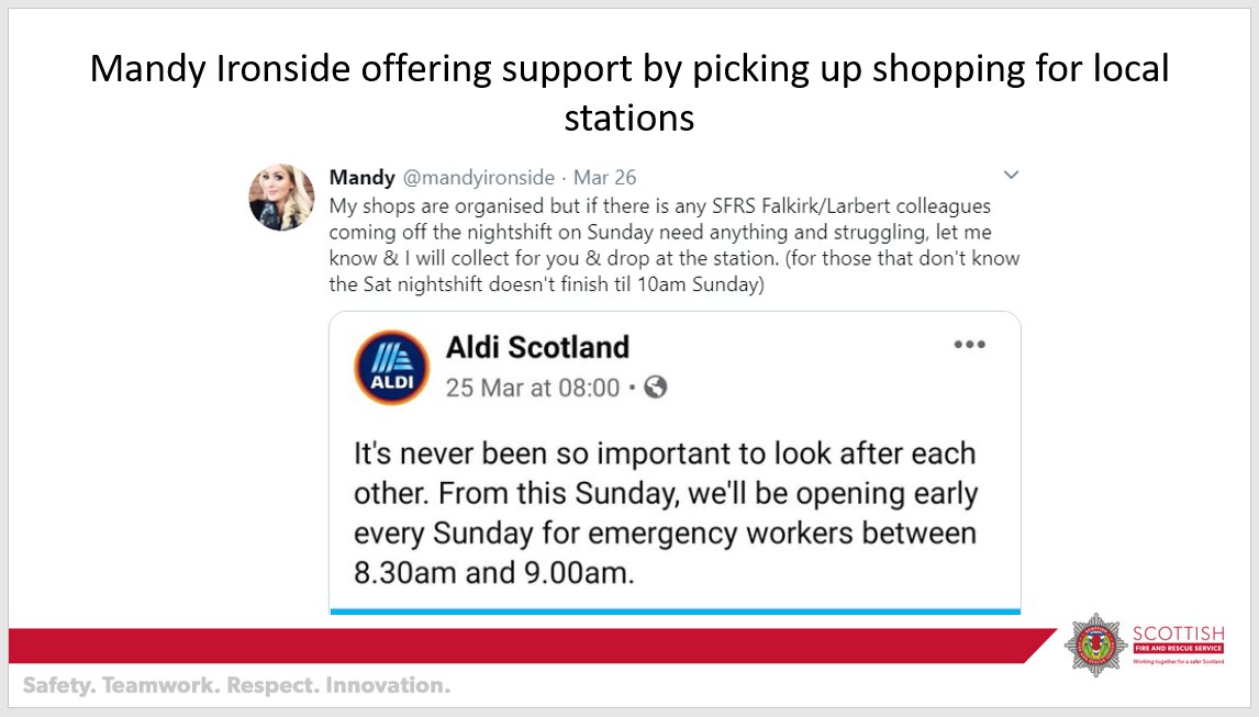  New (virtual) forms of meeting for station drills nights  #rainbowsofhope on fire station bay doors, drawn by children of local crew  Staff offering to pick up shopping for their local stations