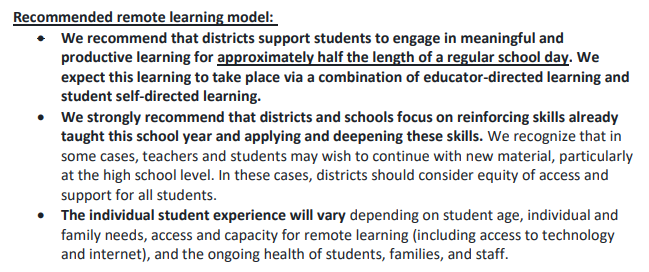 The big : should schools facilitate enrichment (skills review, family projects, and interest-driven learning)? Or should they teach new material aligned to standards? Here's a clip from MA on enrichment, and VA on forward progress. 8/