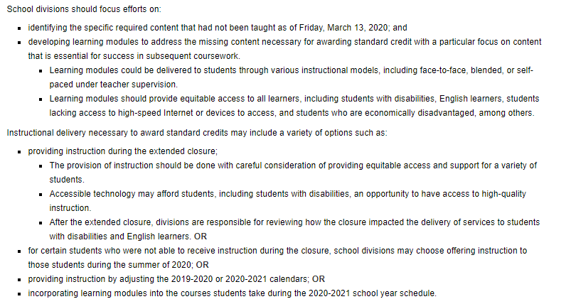 The big : should schools facilitate enrichment (skills review, family projects, and interest-driven learning)? Or should they teach new material aligned to standards? Here's a clip from MA on enrichment, and VA on forward progress. 8/