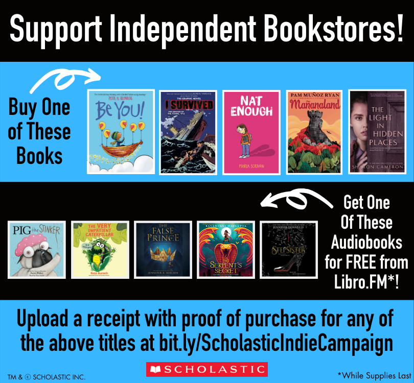 Scholastic's tweet photo. Scholastic is proud to support independent booksellers with a special offer! To receive a free digital audiobook download from https://t.co/4wOx85CGF5, order one of these 5 books from an indie bookstore and submit your proof of purchase here: https://t.co/8kDwj4S4Uf https://t.co/wN4qaVLtou