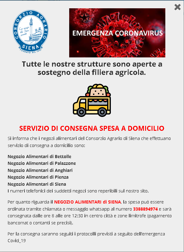 ConsAgrSI's tweet photo. 🗣🗣🗣Da oggi anche il nostro negozio alimentari di Pienza effettuerà la consegna a domicilio gratuita.
Per la consegna saranno seguiti i protocolli previsti a seguito dell' emergenza Covid_19
#consorzioagrariosiena #spesaadomicilio #distantimauniti #prodottitipicitoscani https://t.co/wiM5Sd0AXz