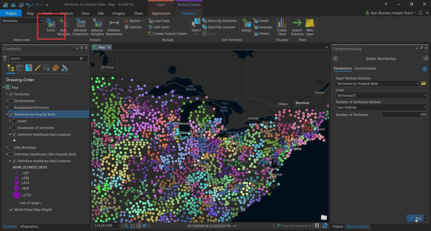 Esri's tweet photo. .@DefinitiveHC has made their U.S. hospital bed count data available in the @LivingAtlas. Here's how to generate balanced territories of roughly equal bed counts to support an equal &amp; efficient distribution of resources, staffing, &amp; materials. https://t.co/8wv5ckhadW https://t.co/Csv45aiibw