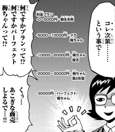 まぁ昔作った手乗りマッチョ人形(陶器製)を販売して売上によって梅ちゃんの復活具合が変わるというものです
セリフ間違っちゃいましたが48体全て完売したらパーフェクト梅ちゃんになります 