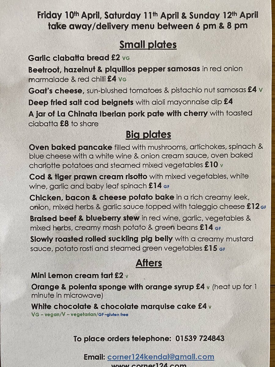 124Corner's tweet photo. Easter Weekend alert! Takeaway/delivery menu for next weekend, Fri, Sat &amp; Sun, 6pm to 8pm. Telephone 01539 724843 to place an order. #corner124 #kendal #tastyfood #changes #Covid_19 #dedicatedstaff #missourcustomers https://t.co/FzwkEMuGvt