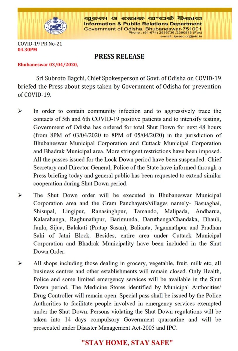 HFWOdisha's tweet photo. To contain spread of #coronavirus &amp; aggressively trace contacts of 5th &amp; 6th #COVID19 positive patients, #Odisha has ordered total Shut Down from 3rd April, 8 PM to 5th April, 8 PM in jurisdictions of Bhubaneswar &amp; Cuttack Municipal Corporation and Bhadrak Municipal Area. https://t.co/s1XGZLNvCX