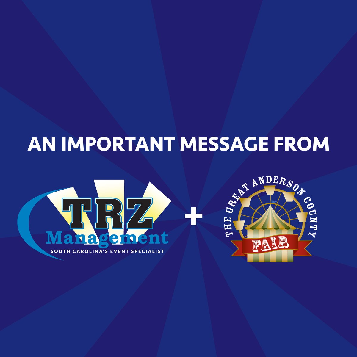 AndersonFair's tweet image. (1/3) The health and safety of our community, guest, employees and partners is our highest priority. At this time, we regret to inform you that the Great Anderson County Fair is postponed until further notice due to the ongoing global coronavirus pandemic.