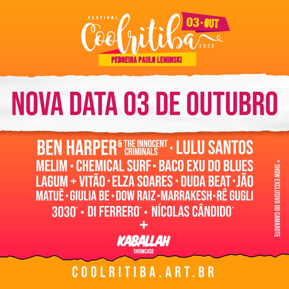 Com grande sentimento de preocupação e reafirmando o compromisso com a saúde e bem estar de todos, informamos o adiamento do Coolritiba para o dia 03/10, com a manutenção do lineup. 

Os ingressos já adquiridos serão válidos para a nova data.

Saiba mais: coolritiba.art.br/comunicado