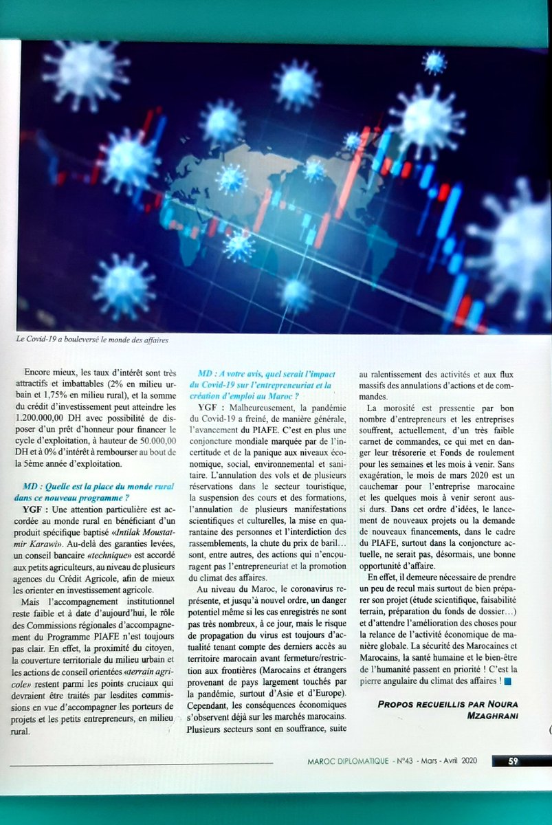 YoussefGuerraou's tweet photo. Le Covid-19 est un catalyseur de la mutation numérique des entités!! Ravi d'avoir contribué à la première édition digitale du Magazine #MarocDiplomatique.
#Covid_19 #PIAFE #PlandeRelance #MarocNumeric2020 #PME #TPE #CMGM #MarocAprèsConfinement https://t.co/raaiY0GiS6