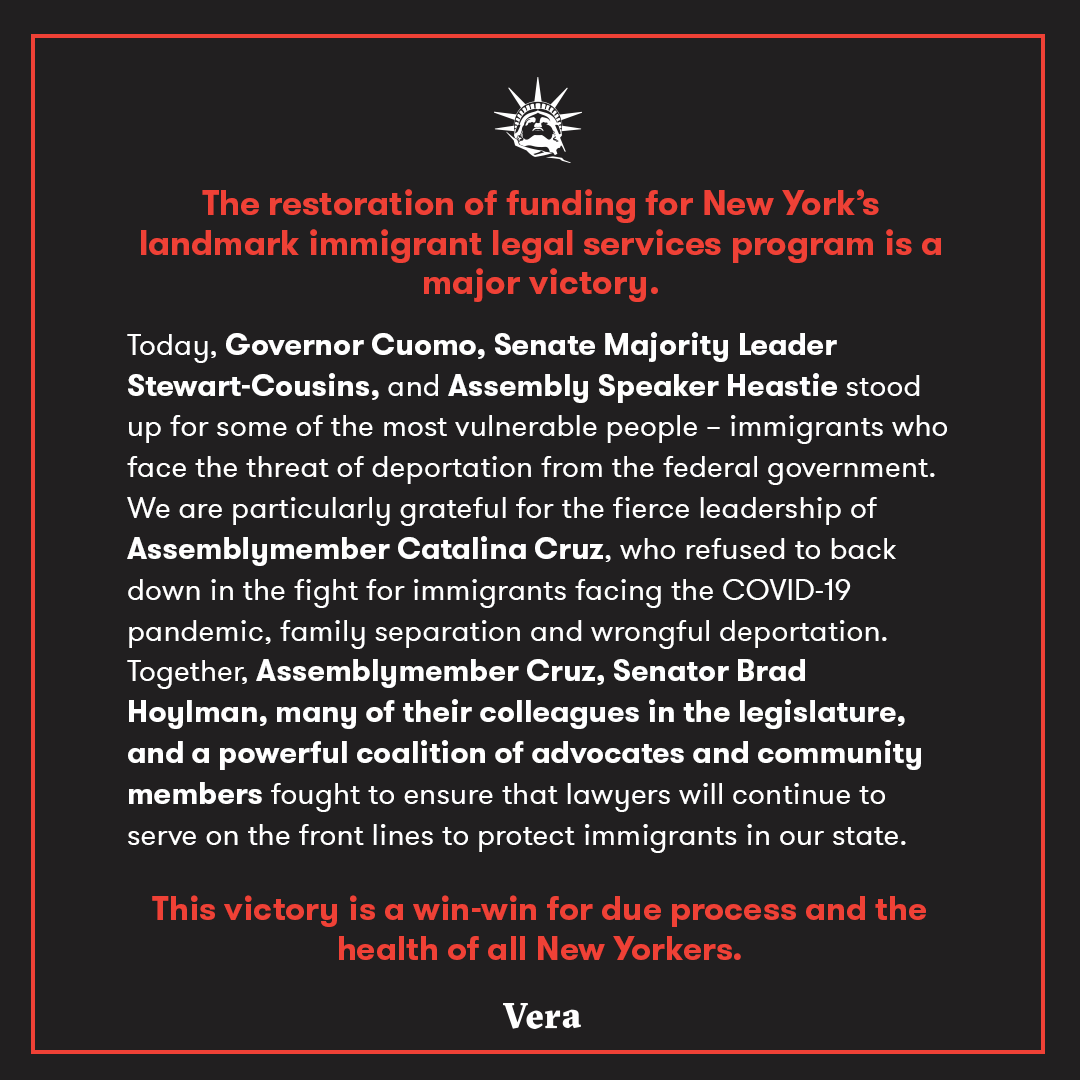verainstitute's tweet photo. .@CatalinaCruzNY, thank you for your fierce leadership in the fight to protect #NYimmigrants facing #COVID19, family separation & wrongful deportation. The restoration of funding for #NYIFUP & #LibertyDefenseProject is a victory for all New Yorkers. https://t.co/XUbc26dqML https://t.co/uNf5C6GgNU