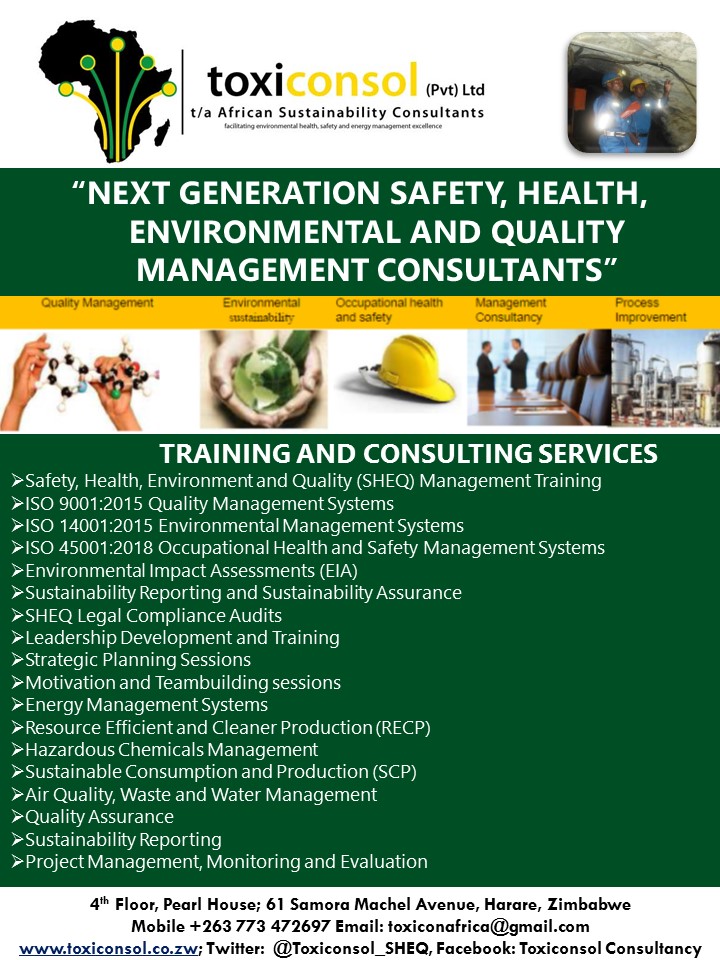 Sustainable development is key to human progress. Your consulting partners Toxiconsol Consultancy t/a African Sustainability Consultants are at your service. 
Our team is working remotely receiving your requests.  
#Safety
#Health
#Environment
#Quality

Stay Safe during COVID-19