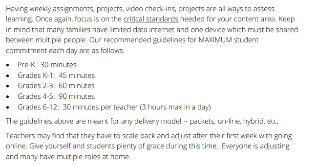 Let's dig on this example, because we think has some important features. First, time: we're seeing several states recommend 3-4 hours maximum learning time for high schools, with increasingly shorter times for elementary. 13/