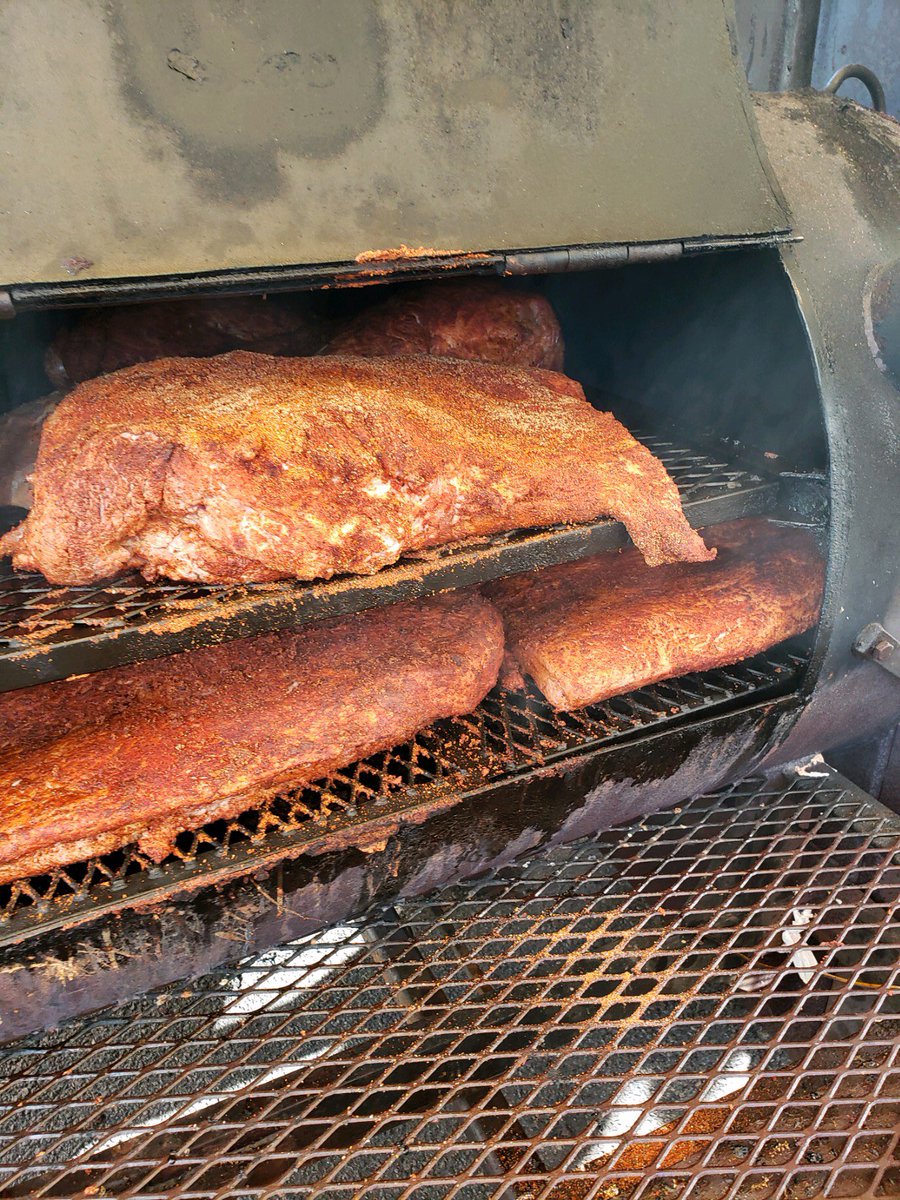 Beef briskets on the grill....they’ll be ready for pick up tomorrow (Saturday, 4/4) at Coach’s Corner. See y’all there!
