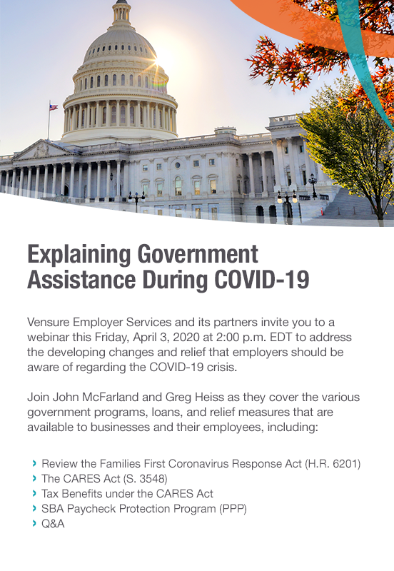 VensureHR's tweet photo. Vensure will be hosting another COVID-19 webinar today, April 3 at 2 p.m. ET! The focus of this webinar will be on the available government relief programs. Space is limited, so join early by registering here: https://t.co/KGstotMFrR https://t.co/G6rvQTcFZq