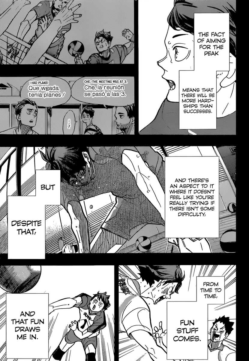 furudate had oikawa tooru show up out of nowhere, narrate to hinata in a long emotional flashback about his dealing with defeat, and leave with the kind of dramatic-lighting whole-page-spread verbal ultimatum that haikyuu has always made good on: that he’s going to win.