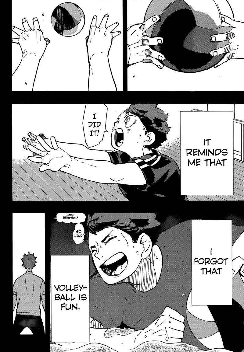 furudate had oikawa tooru show up out of nowhere, narrate to hinata in a long emotional flashback about his dealing with defeat, and leave with the kind of dramatic-lighting whole-page-spread verbal ultimatum that haikyuu has always made good on: that he’s going to win.