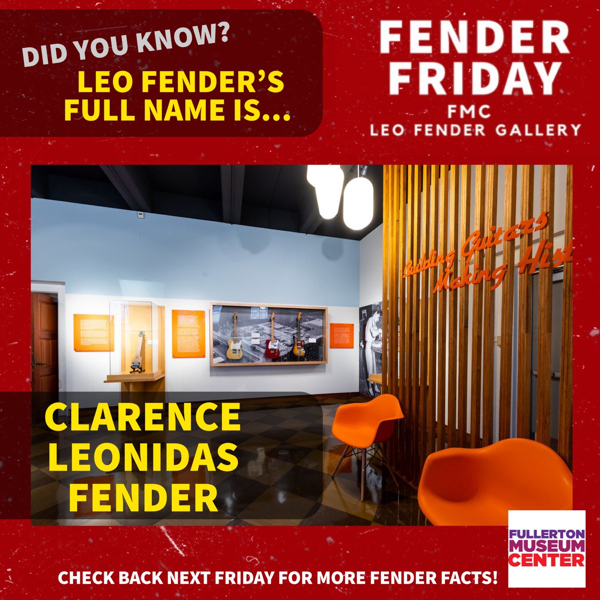 museumfullerton's tweet photo. Happy Fender Friday! 🎸Did you know? Leo Fender’s full name isn’t Leo. Actually, his full name is Clarence Leonidas Fender! 
—The Fullerton Museum Center is proud to house the Leo Fender Gallery in honor of the Fender Legacy.⁣ #fullerton #museum #fender #friday #guitar #art https://t.co/XKt64YvtWI