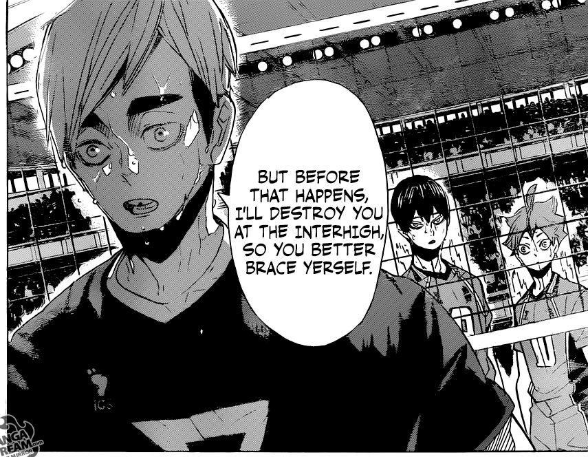 atsumu makes two slam-dunk narrative promises back-to-back in 291 when he tells hinata that he's going to 1. toss to him one day, and 2. defeat him at the inter-high next year. again, atsumu is a main character with dramatic lighting saying this, so it comes true: