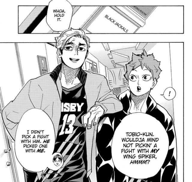 atsumu makes two slam-dunk narrative promises back-to-back in 291 when he tells hinata that he's going to 1. toss to him one day, and 2. defeat him at the inter-high next year. again, atsumu is a main character with dramatic lighting saying this, so it comes true: