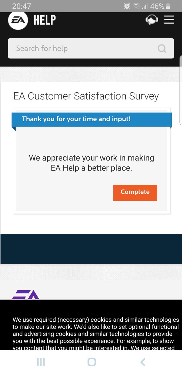 Dyveske's tweet photo. We even have to work to improve EA... also in their survey was a question: "How did you solve your issue? " ... we have to solve our own issues now? :p https://t.co/0SVhHEAv7l