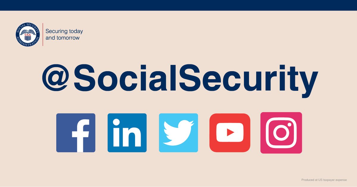 SocialSecurity's tweet image. FOLLOW US! #LinkedIn: ow.ly/uSWq50uHW9F #YouTube: ow.ly/HU0U50uHW9E #SocialSecurityMatters Blog: ow.ly/XNi550w5iVK #Instagram: ow.ly/UdUn50uHW9D #FF #FollowFriday