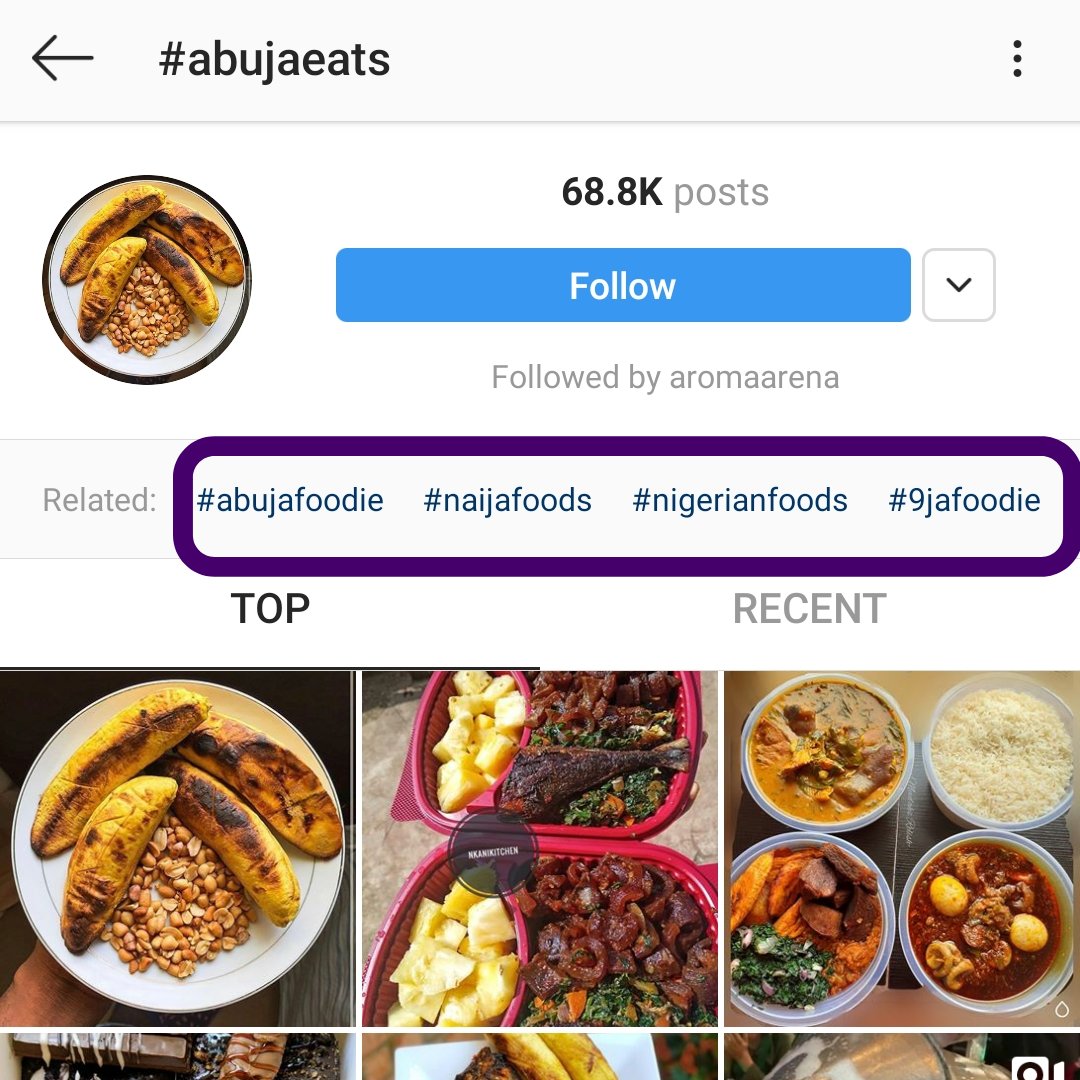 When you search for a hashtag, Instagram shows you more hashtags related to that hashtag you have searched for.In the image below I searched for  #abujaeats, peep the hashtags related to   #abujaeats.The related bar gives you more hashtags you can use.