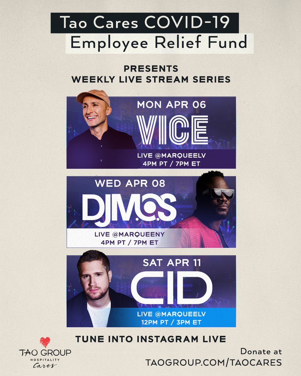 Tune in @MarqueeLV on April 6th 4pm PT / 7pm ET with @djvice for the launch of a special weekly livestream series featuring @TAOGroup residents & friends benefitting @taocares #COVID19 Employee #ReliefFund! To donate and for more information, visit taogroup.com/taocares