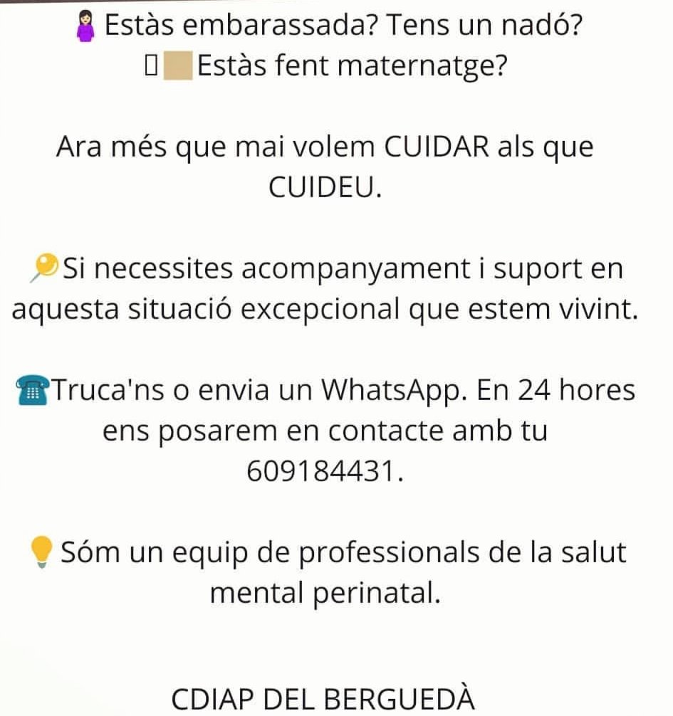 ester_comellas's tweet photo. Des del CDIAP del Berguedà oferim suport especialitzat a persones embarassades o amb nadons. Agrairem difusió #Cuidemnos #Cuidem #totanirabe #cdiapbergueda #apdpb https://t.co/ZZT0Uc1ii0