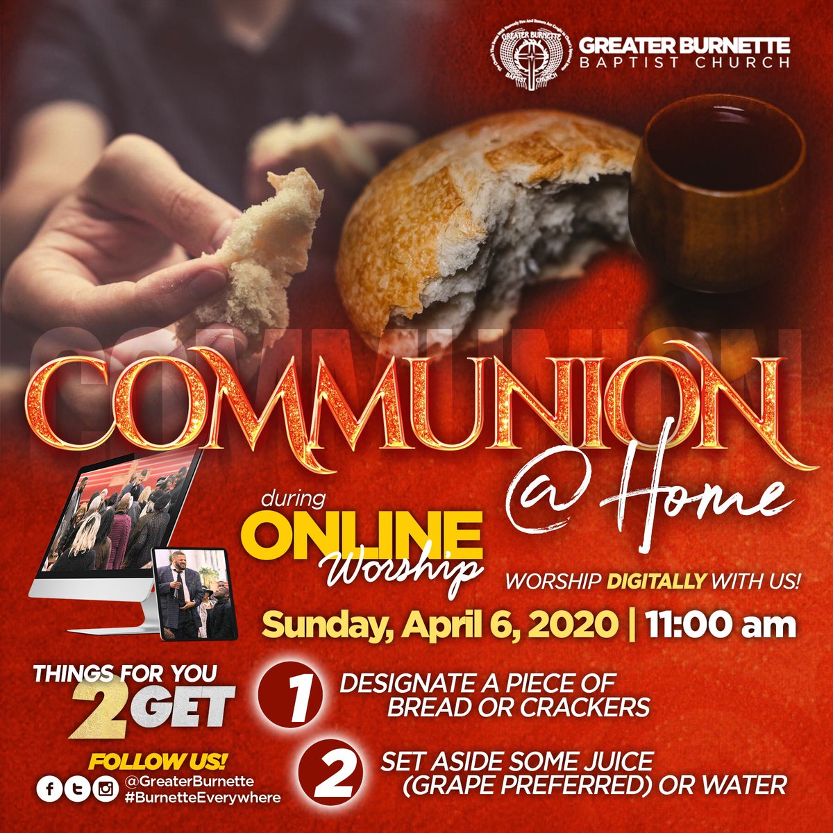 GreaterBurnette's tweet photo. Join us this Sunday at 11:00 am as we partake in #CommunionAtHome during #OnlineWorship with Pastor @rpjohnson922. Set aside some bread/crackers and some juice (grape preferred)/water. It’s not about the material, it’s the symbolism behind it. #BurnetteEverywhere #GodIsInControl https://t.co/R9C04Cln0L