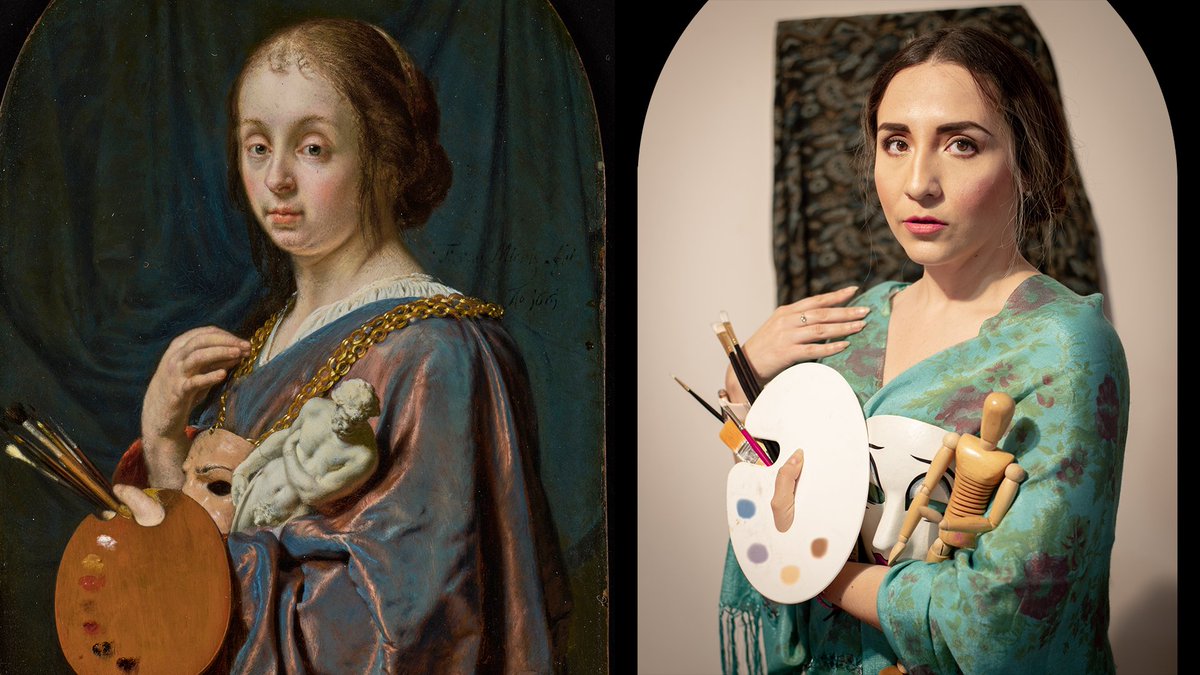 Allegory of Painting, a 1661 painting modernized by  @MarisolRiosC, with mask, brushes, and the perfect pose