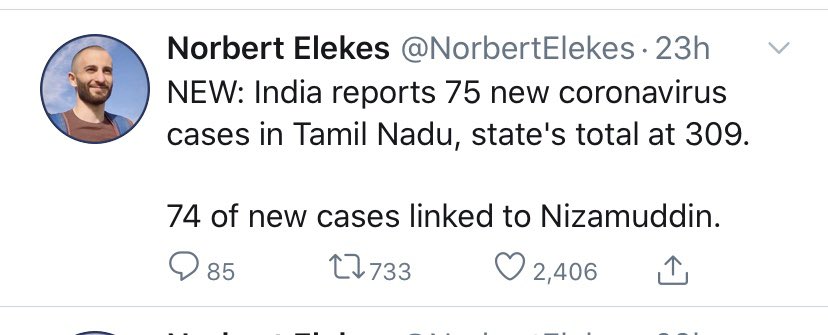 49n these tweets should give you a sense of percentage responsibility per state of corona infections caused by the  #TabligiJamaat this is Tamil Nadu