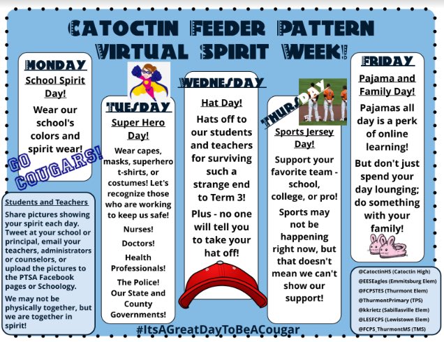 MBaiseyFCPS's tweet photo. @ThurmontPrimary families the Catoctin Feeder Schools are celebrating virtual spirit week April 6-10! Share pics through distance learning platforms, emails to teachers, tweeting me and posting to TEPS PTA Facebook page. #ItsAGreatDayToBeACougar #CourageofaCougar https://t.co/WnenoocuVg