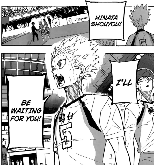 in chapter 365 hoshiumi promises hinata that he is going to "wait for him," and in chapter 378, in consistent haikyuu fashion, this comes to fruition with the bj/adlers match: